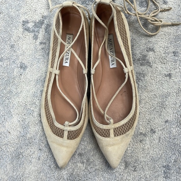 Aquazzura Dalia Pointed Toe Wrap Around Ballet Flats Cream Suede Mesh Sz 37 - Picture 9 of 14